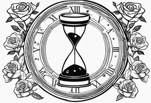 I want a design to print on t-shirts. The design is an hourglass with a wristwatch in the middle with Amazigh numbers, and this watch is surrounded by planets and Ashulk roses. tattoo idea