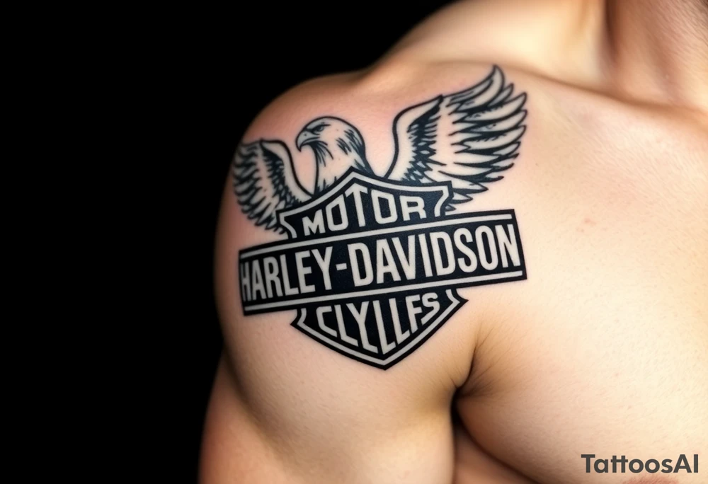 Harley Davidson logo with bald eagle American flag background shaded in tattoo idea