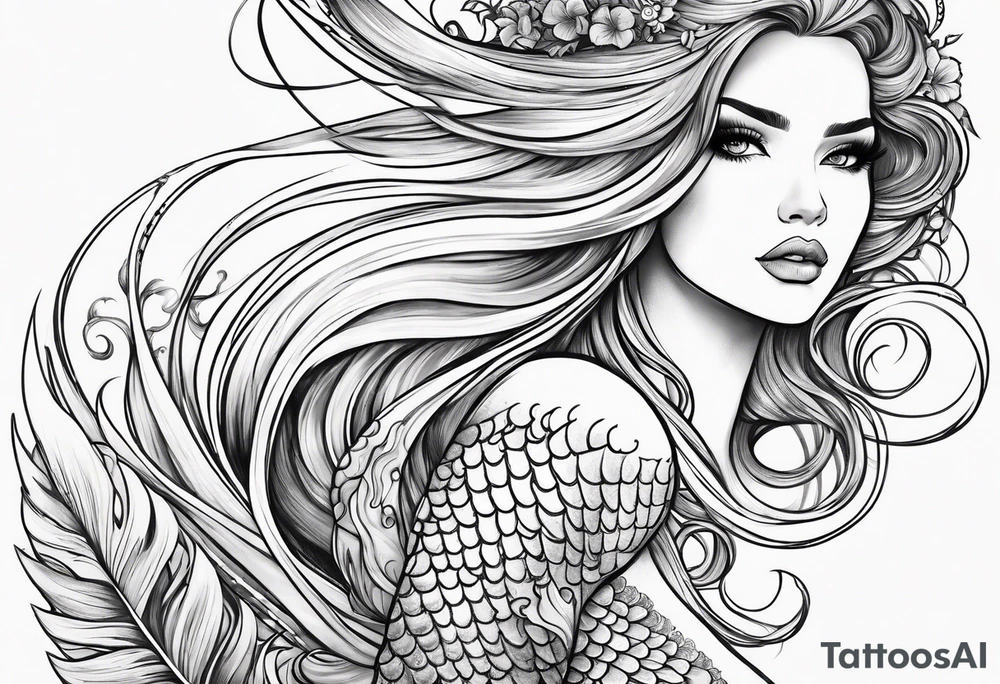 mystical sultery
 mermaid with long 
flowing tail and hair, tattoo sleeve tattoo idea