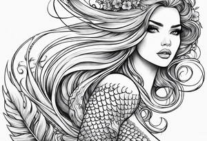 mystical sultery
 mermaid with long 
flowing tail and hair, tattoo sleeve tattoo idea