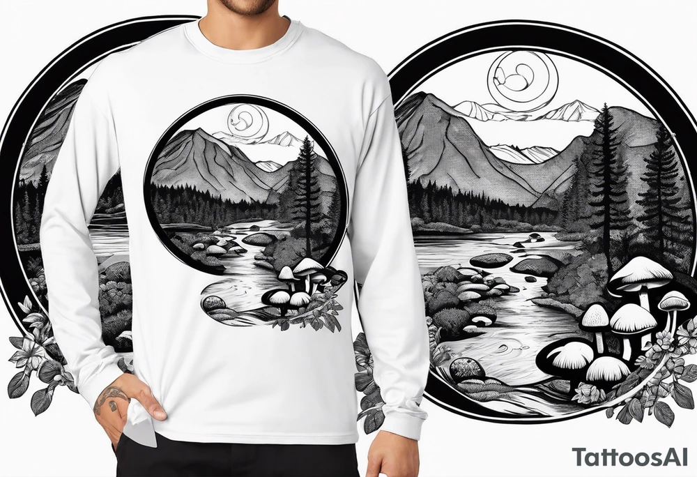 Whole picture encircled fully

Straight long blonde hair hippie girl in distance holding mushrooms in hand facing away toward mountains and creek surrounded by mushrooms long sleeve shirt and hiking pants; whole rendering within a full circle, no cut off circle tattoo idea