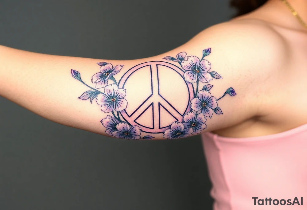 peace symbol intertwined with violets Pisces symbol, dog prints, amethyst, initials csb in cursive font tattoo idea