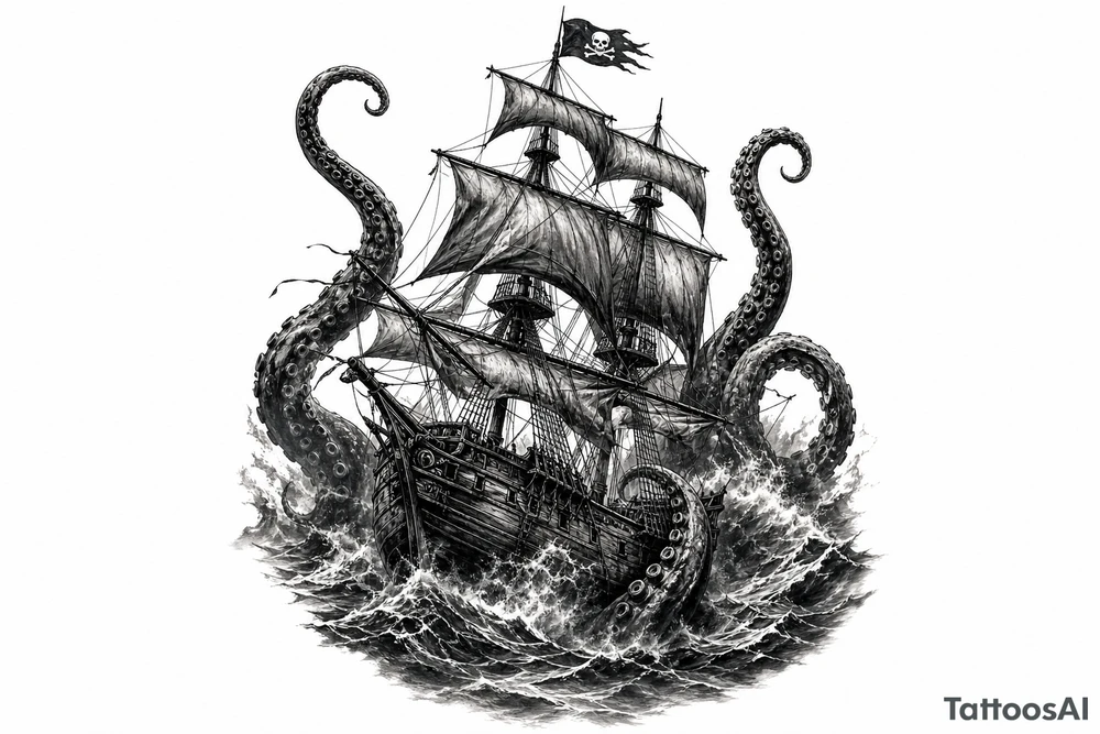 Black and grey pirate ship battling kraken tentacles, dark ocean, dramatic lighting. tattoo idea