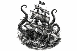 Black and grey pirate ship battling kraken tentacles, dark ocean, dramatic lighting. tattoo idea