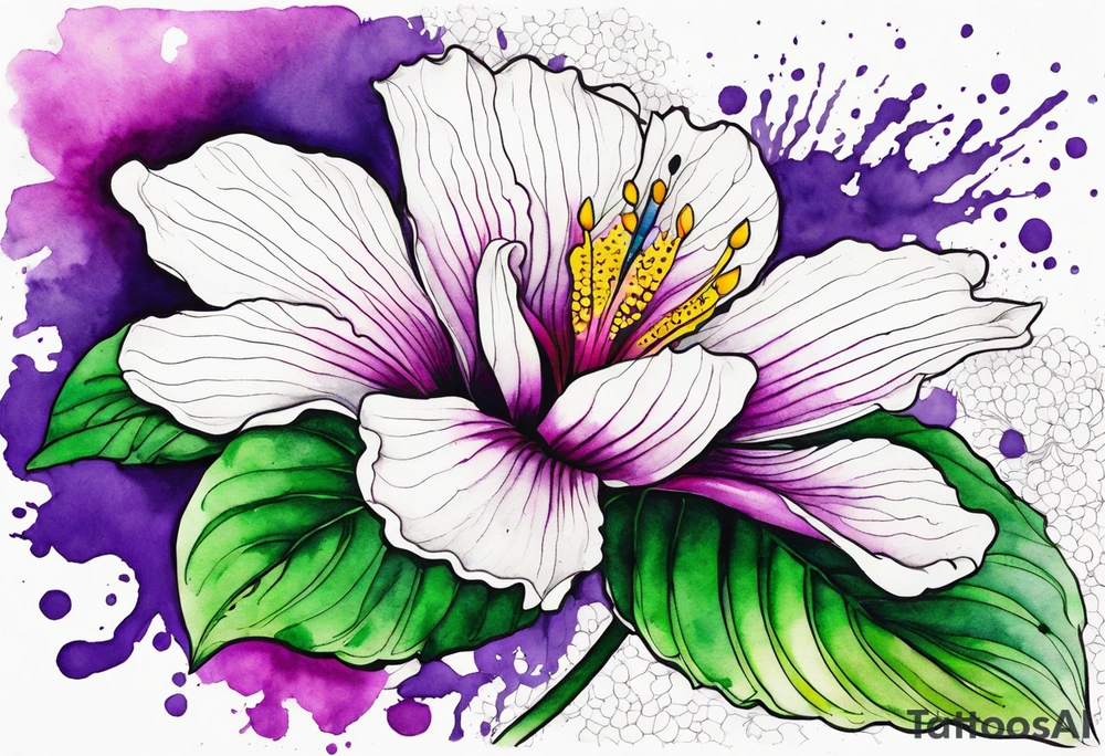 An outline of a rio dipladenia flower with a green and purple watercolor splash in the background tattoo idea