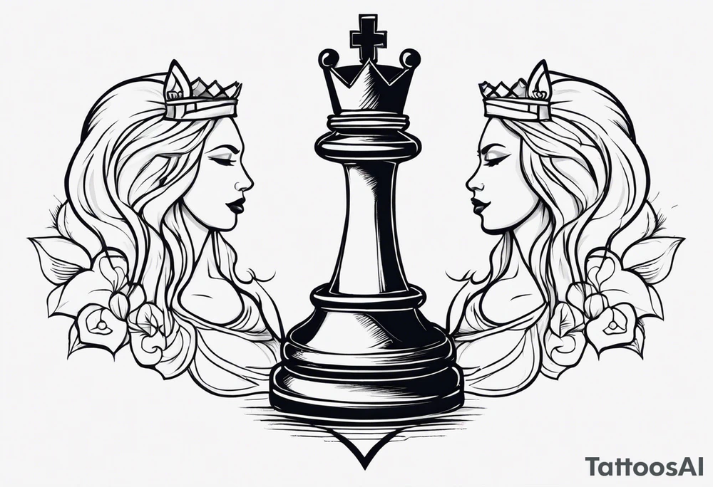 chess queen piece with two pawns on her side spiritual style tattoo idea