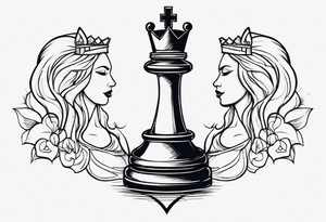 chess queen piece with two pawns on her side spiritual style tattoo idea