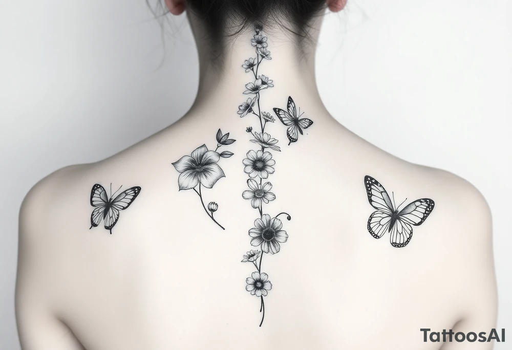 Singular Delphinium, violet, narcissus, rose, daisy vertically down the spine not connected with butterflies tattoo idea