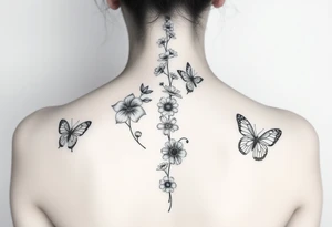 Singular Delphinium, violet, narcissus, rose, daisy vertically down the spine not connected with butterflies tattoo idea