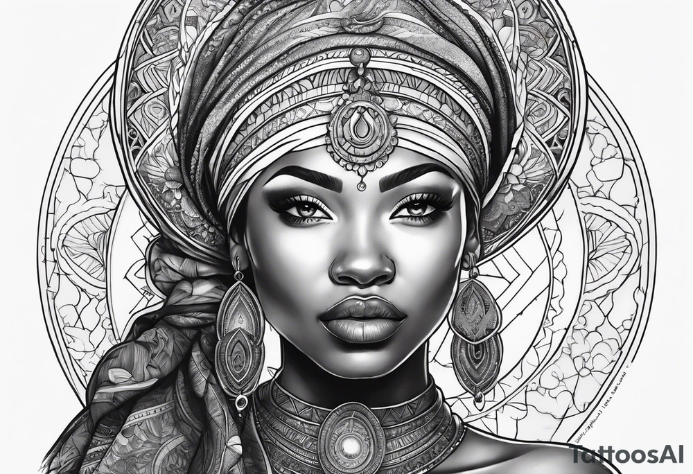 Black woman, enlightenment, wisdom, astronomy, cancer zodiac, natural, full arm tattoo idea