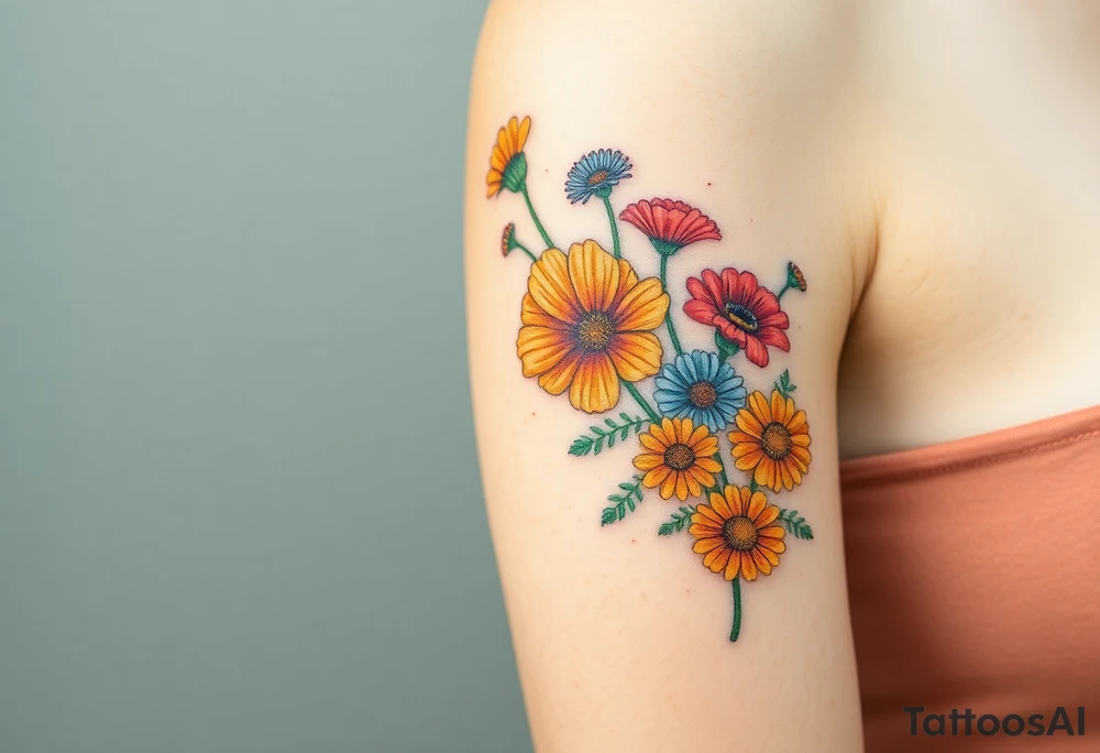 Create an image of an upper arm tattoo (from shoulder cap to just above the elbow) comprised of California poppies, California blackberries, gray’s lupine, marsh marigold, Indian paintbrush, one daisy, and an orange and orange blossom. More realistic and Use color. Bigger bundle and less stems tattoo idea