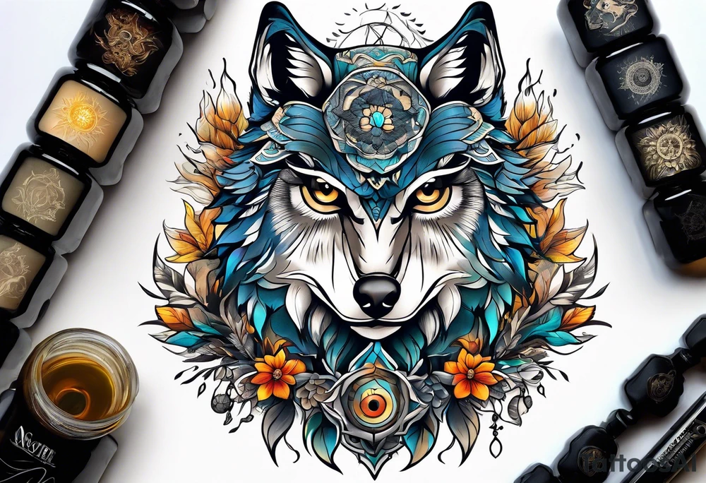 An owl a Wolf and a dendelion tattoo idea