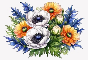a white anemone with black center with blue thistles, green ferns, ranuculus, yellow sun flowers, red flowers, pink flowers, orange flowers, yellow flowers in watercolor tattoo idea