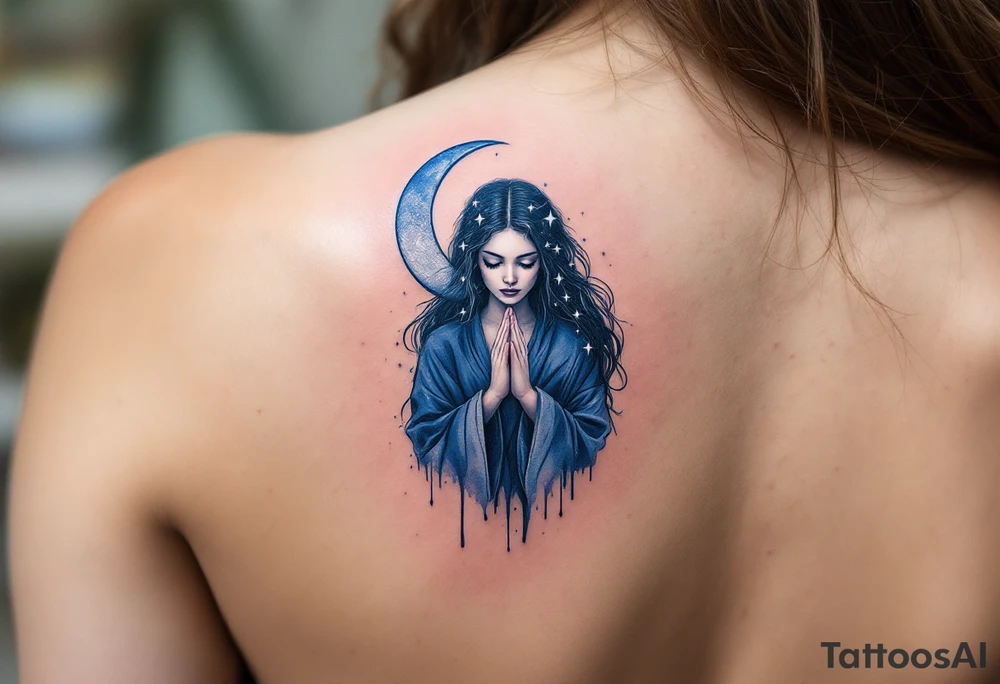 Moon Goddess – A pale-skinned woman in indigo robes, cradling a crescent moon in glowing silver, with dark blue stars across her long hair. tattoo idea
