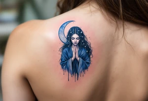 Moon Goddess – A pale-skinned woman in indigo robes, cradling a crescent moon in glowing silver, with dark blue stars across her long hair. tattoo idea