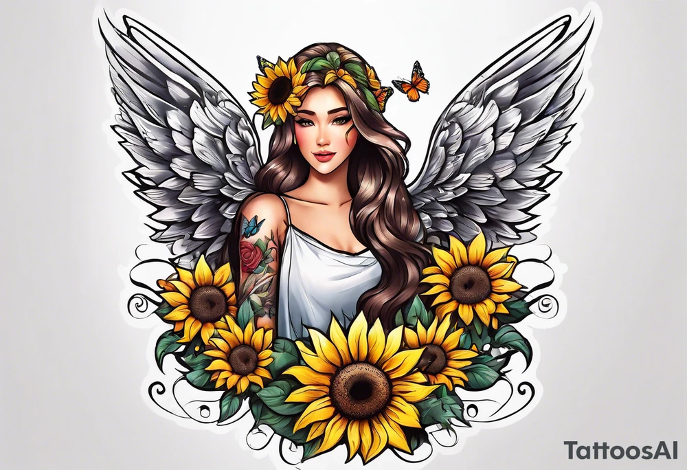 Sleeve with angel wings, sunflower and butterfly tattoo idea