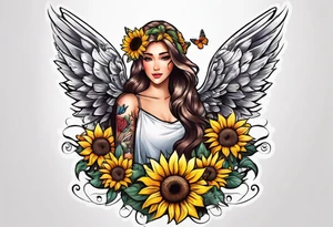 Sleeve with angel wings, sunflower and butterfly tattoo idea