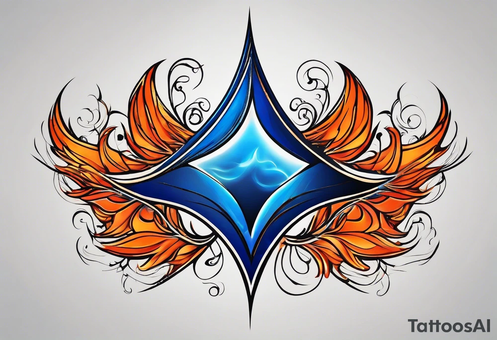 Blue and orange flame that has a half square thin line border. Twin flame symbol. Make it as small as possible. tattoo idea