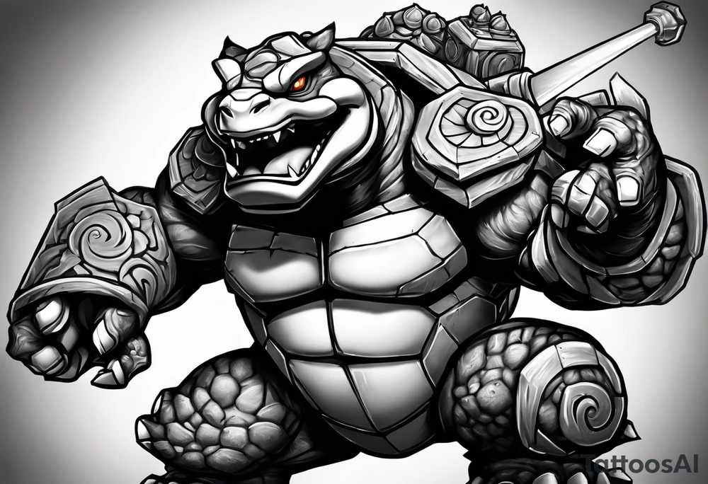 Blastoise angry with cannons on his shoulders tattoo idea