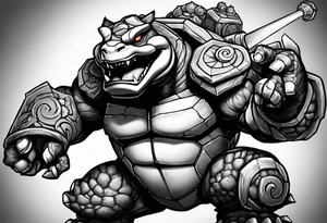 Blastoise angry with cannons on his shoulders tattoo idea