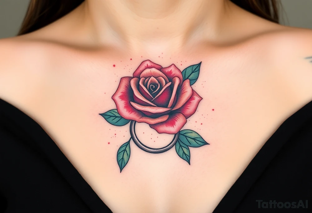 A minimalist blooming rose wrapped around a two wedding rings tattoo idea