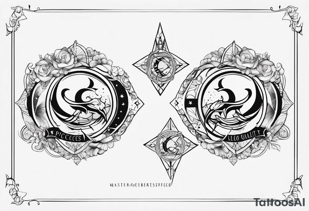 Zodiac sign Pisces and Sagittarius over 2 Leo and 2 Capricorn tattoo idea