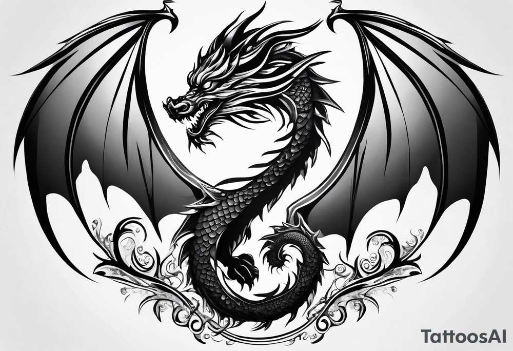 Mother dragon wings spread with 3 baby dragons tattoo idea