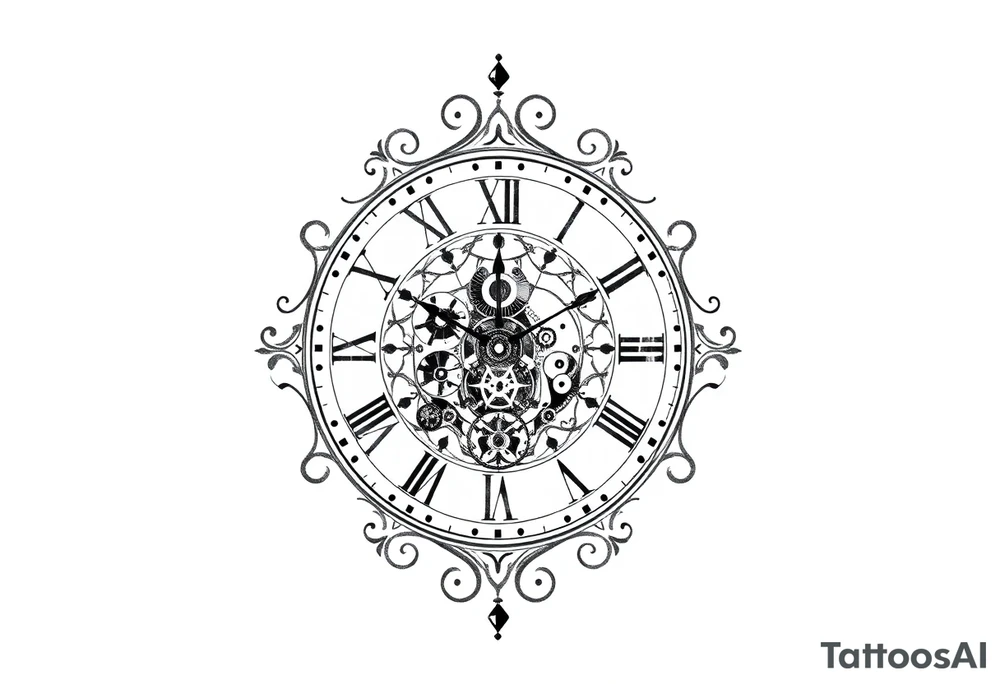 vintage roman numerals within ornate clockwork mechanism tattoo idea