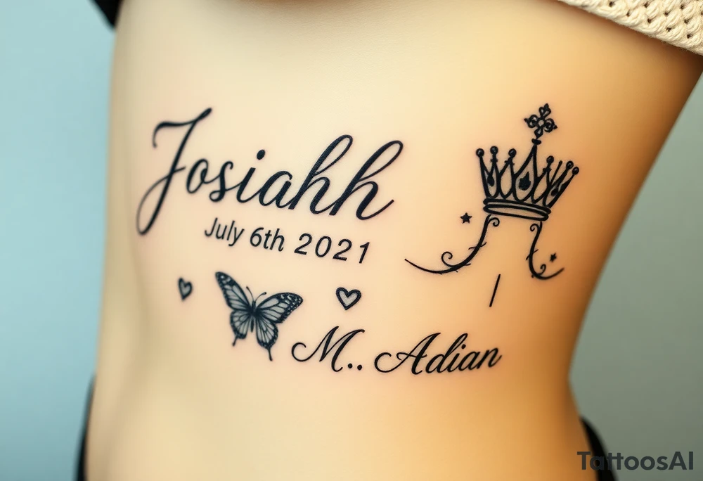 Feminine womens tatto that goes on tarso and in tattoo the names JOSIAH in cursive written with the date July 6th 2021 iAND NEXT TO NAME A PRINCE CROWN and butterfly's and the cancer zodiac number in between with the capricorn sing in between and hearts and the next part lower part of tatto the name ADIAN WITH THE DATE March 10th 2023 WITH A SMALLER PRINCE CROWN THEN THE JOSIAHS CROWN AND THEN LITTLE BUTTERFLYS WITH THE PACIES ZODIAC SING IN AND THE CAPRICORN ZODIAC SIGN BOTH SMALL AND IN BETWEEN THE BUTYERFLYS AND HEARTS MAKE IT MIX TOGTHER DO THE SAME WITH THE CANCER AND CPROCORN SIGN ABOVE tattoo idea