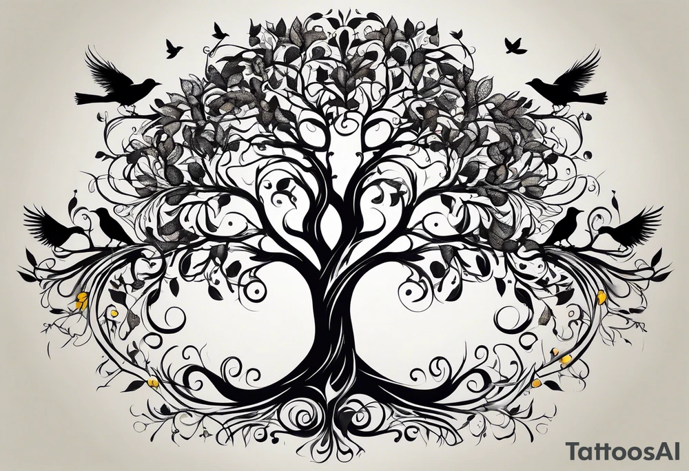 family tree with 6 black birds and cadinal tattoo idea