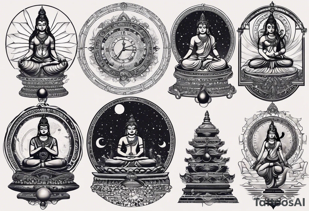 I want the sleeve to be about time space continuum, purpose, desire and ambition linked to it. I want the concept to me about how Miniscule we are in this universe but how we feel big and lose perspective and a sense of purpose. I also want Shiva to be added to the tattoo as shiva is considered the destroyer which scientifically goes back to big bang. SO create a tattoo for me in geometric design for my whole right arm tattoo idea