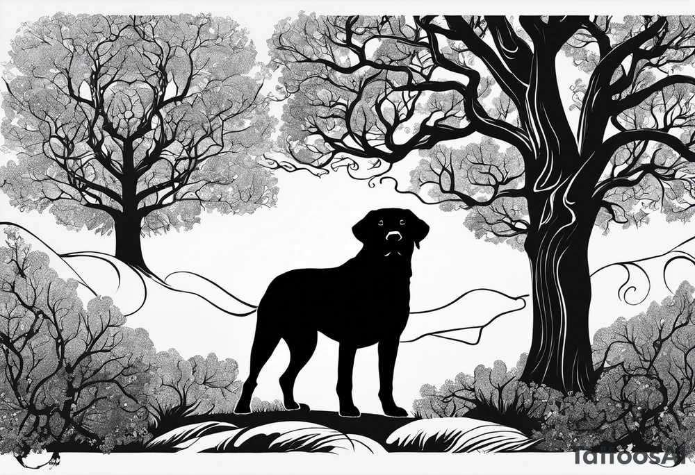 Silouette of a black lab sunder a tree. No detail on lab. Lab drawn to scale tattoo idea