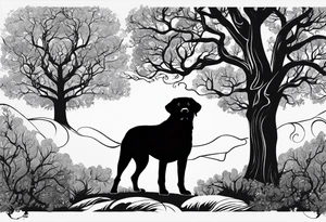 Silouette of a black lab sunder a tree. No detail on lab. Lab drawn to scale tattoo idea