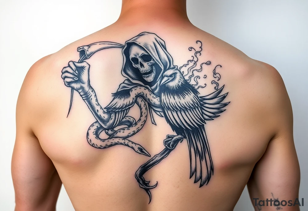 Mix grim reaper, snakes, crow and smoke tattoo idea