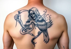 Mix grim reaper, snakes, crow and smoke tattoo idea