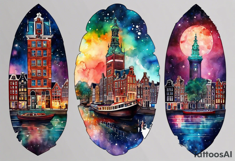 Broken glass watercolour tattoo, stag in shape of pineapple, Amsterdam, Amsterdam buildings, Amsterdam canal, space colours, galaxy colours, pineapples tattoo idea