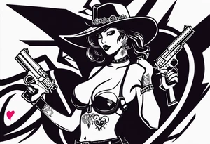 Sexy, feminine, gangster, guns, angel/devil, speed bike heart pulse, kuromi, mason symbol, "cowboy up" handwriting, tattoo idea