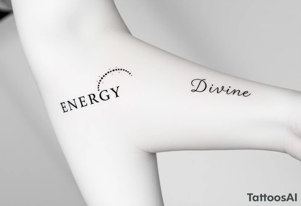 Two minimalist blackwork dotwork tattoos featuring the word ‘ENERGY’ on the left arm, balancing with ‘DIVINE’ on the right arm. Surrounding ‘ENERGY’ is a swirling nebula, stardust, or a comet, designed with intricate dot shading and fine linework. The tattoo is realistic yet subtle, creating a cosmic, ethereal feel while keeping a clean, minimalist aesthetic. The elements flow naturally, complementing the shape of the arm without overpowering the text. tattoo idea