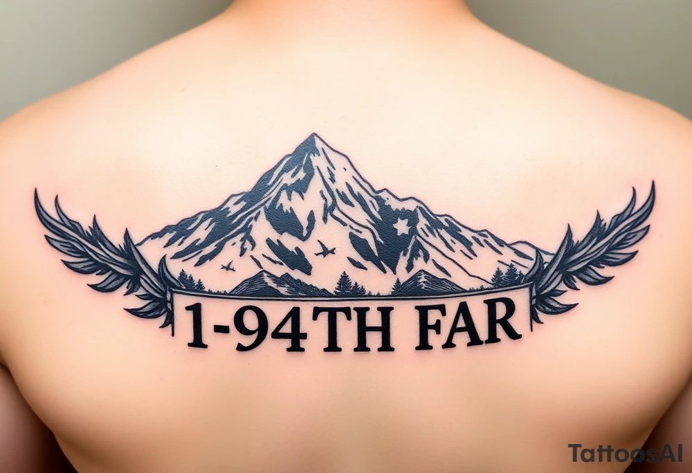 American traditional style with a mountain and HIMARs and the saying 1-94TH FAR tattoo idea