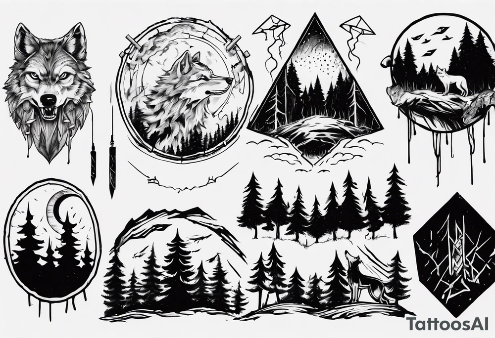 a thunder and lightning storm over a forest with a distant wolf howling and a drums tattoo idea a thunder and lightning storm over a forest with a distant wolf howling and a drums tattoo idea