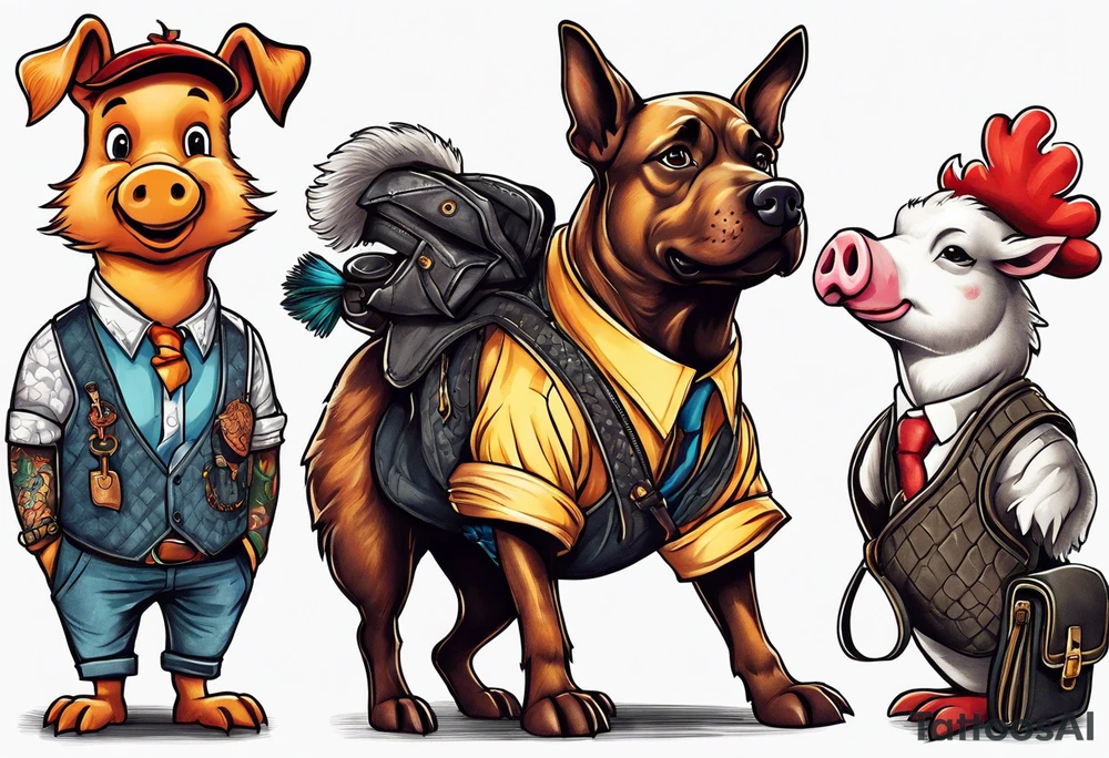 from left to right. dog wearing a smoking vest. Pig wearing a shirt. Dragon carries a handbag. Chicken carrying a handbag tattoo idea