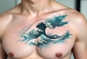 A wave outlined in black ink breaks across a background of soft teal watercolor. tattoo idea