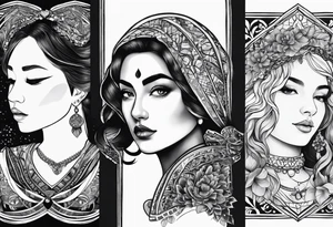 three person side by side. a really young Daughter on the left, mother in the middle, really old grandmother on the right. greater age difference, in an artfully decorated frame tattoo idea