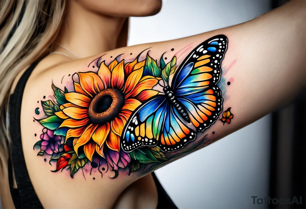 Memorial arm sleeve for mom with rainbow sunflowers and butterflies tattoo idea