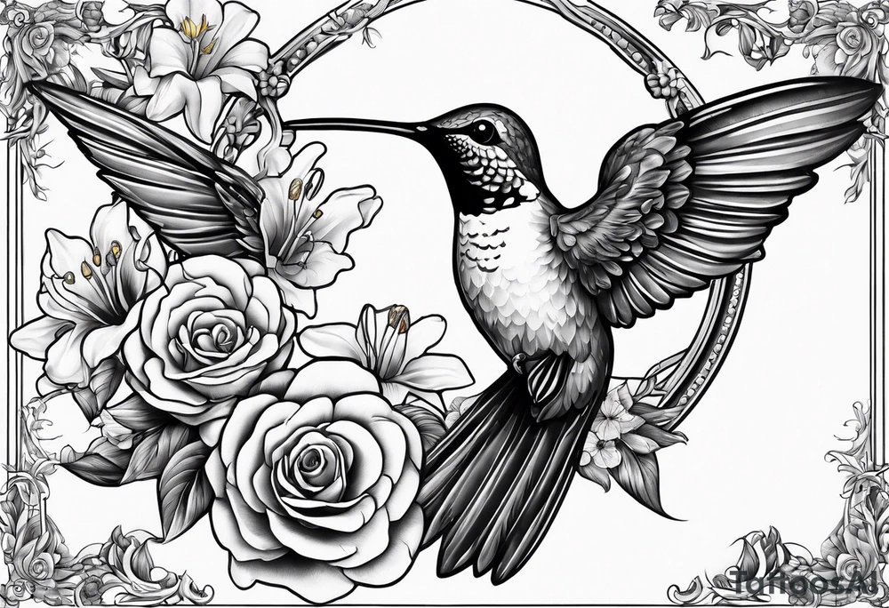 hummingbird with sad angel on swing coming out of tail feathers surrounded by rose, lily, daffodil, daisy, carnation, narcissus tattoo idea