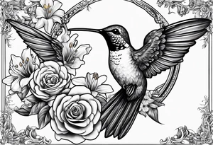 hummingbird with sad angel on swing coming out of tail feathers surrounded by rose, lily, daffodil, daisy, carnation, narcissus tattoo idea
