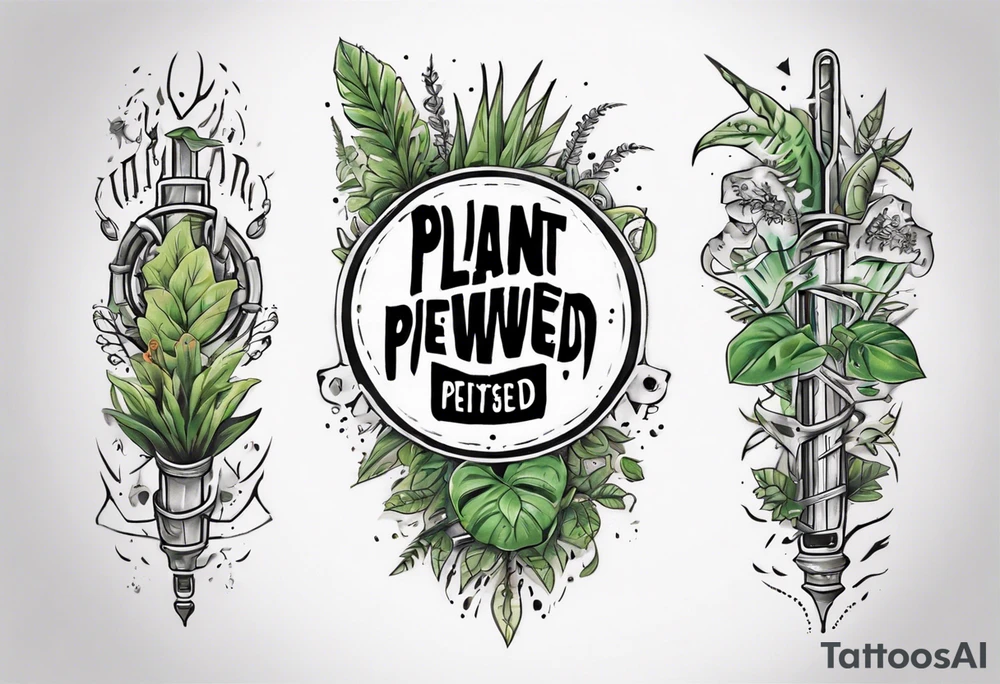 Arm band tattoo spelling ‘Plant Powered’ with plants tattoo idea