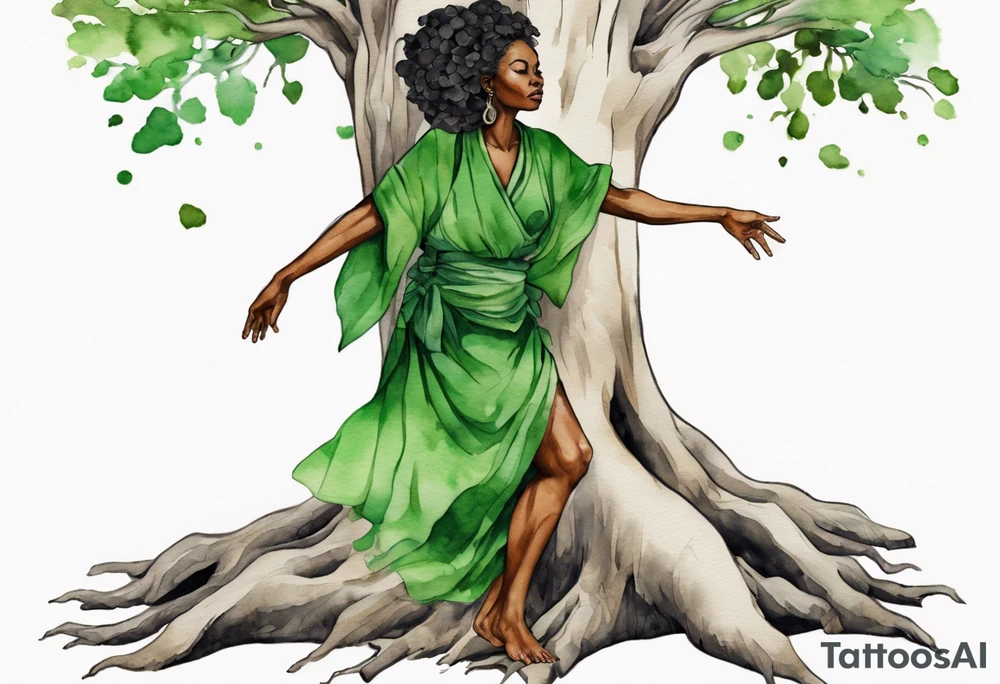 a tree trunk with roots that is a black woman from the waist up, feet made of tree roots, arms reaching up to the sun, wearing a green tunic tattoo idea
