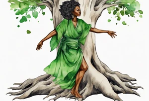 a tree trunk with roots that is a black woman from the waist up, feet made of tree roots, arms reaching up to the sun, wearing a green tunic tattoo idea