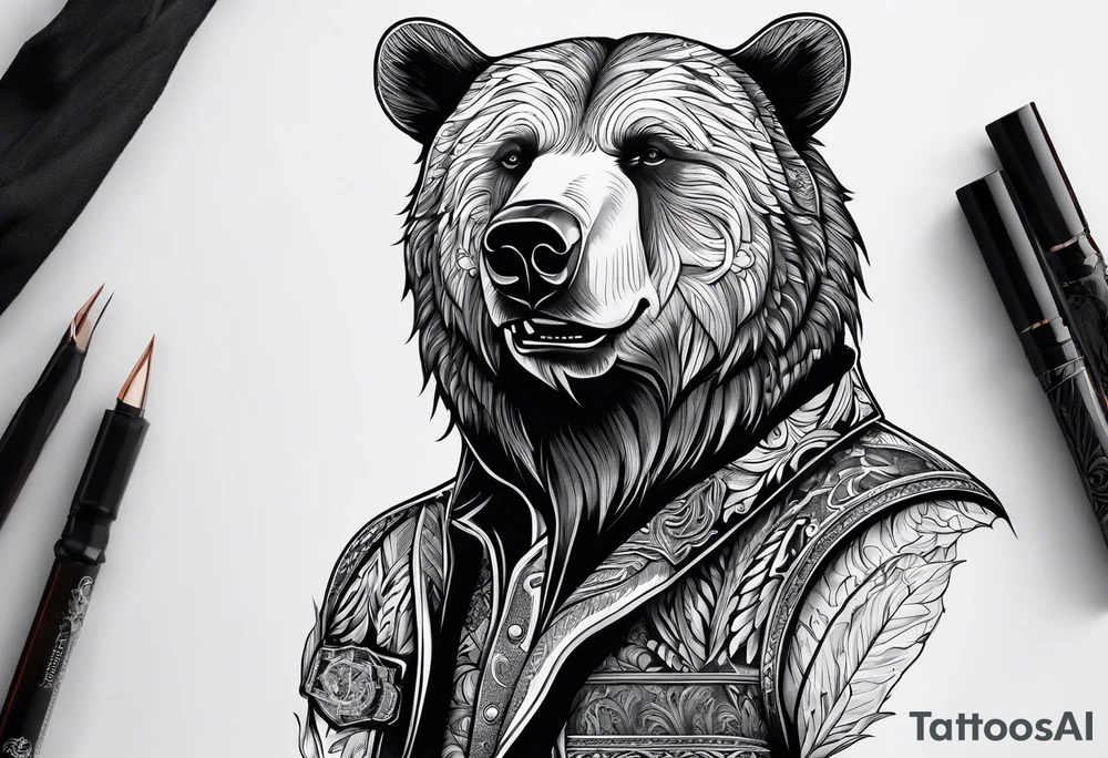a man with a bear's head instead of a hood and a beard tattoo idea